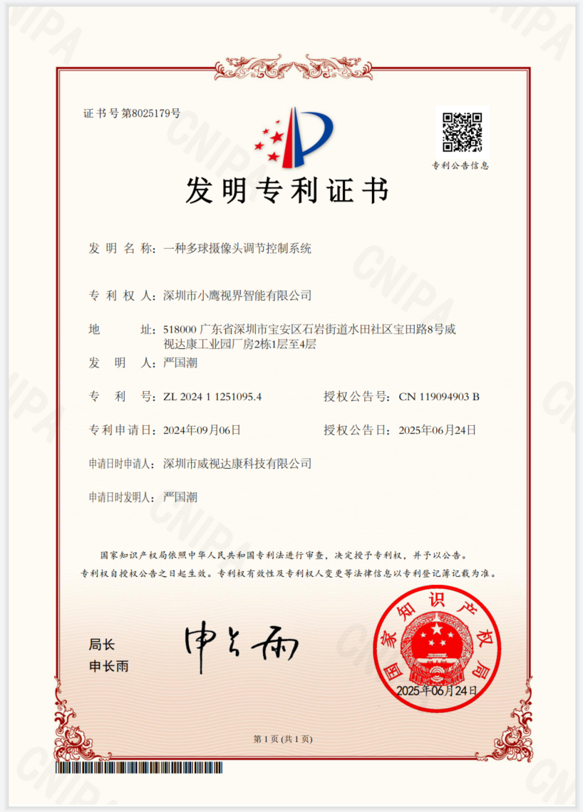 AI智能分析算法专利证书，覆盖烟火识别、区域入侵、通道堵塞等空间感知事件检测能力